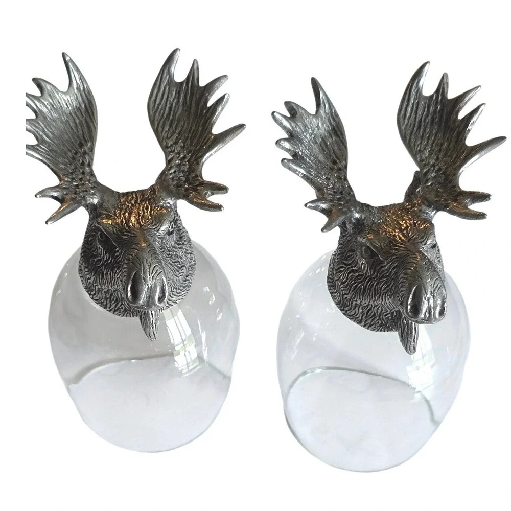 Shot Glass Set Moose Head Pewter Base Cabin Decor Silver Clear